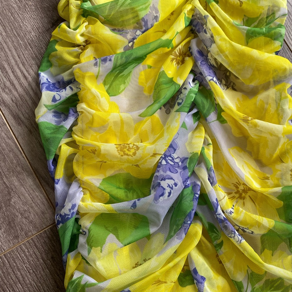 NWT Zara Yellow Floral Print Ruched Tulle Mini Dress - Picture 8 of 16